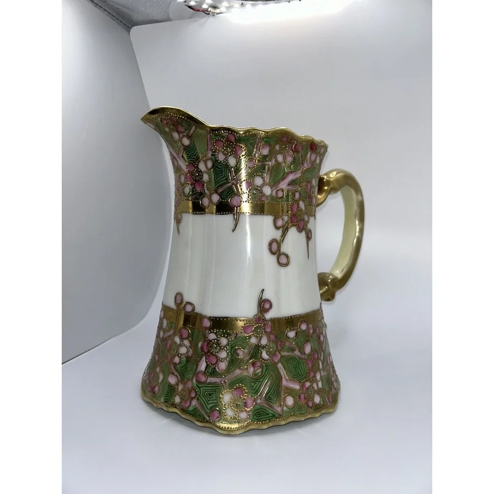 Antique Nippon Hand Painted Moriage Floral Pitcher Gold Gilt‎ Porcelain Cottage